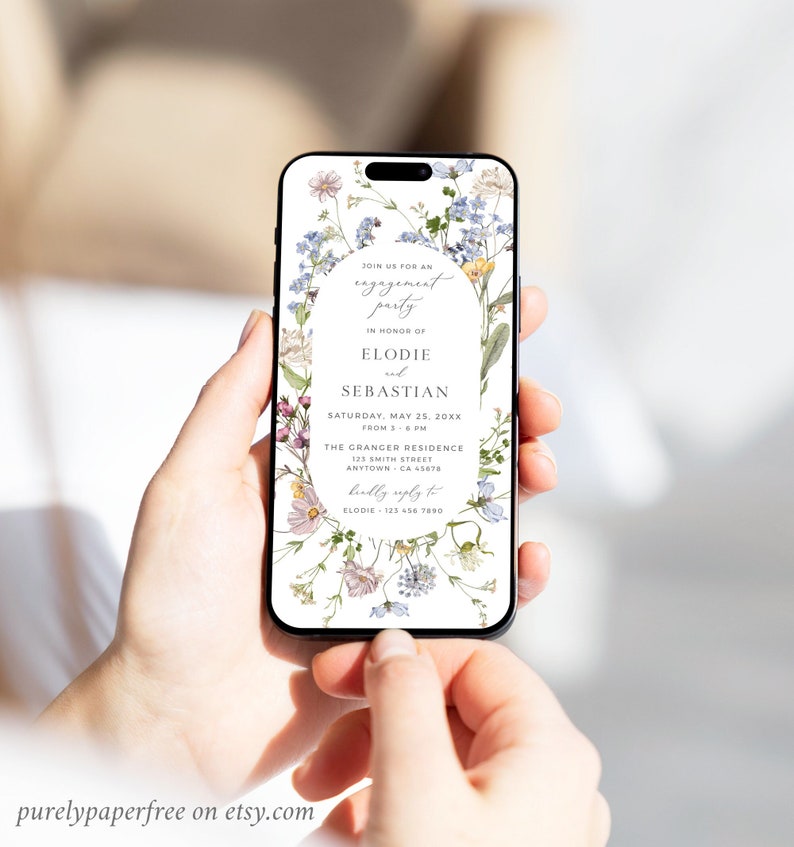 Electronic Engagement Party Invite Wildflower, Digital Engagement Invitation Wildflower Engagement Evite, Floral Editable Evite Template 07A image 1