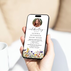 May include: A white smartphone screen displaying a memorial service announcement for Gemma Peterson. The announcement includes a photo of Gemma, the date and time of the service, and the location of the service and reception. The background of the announcement is a watercolor illustration of wildflowers.