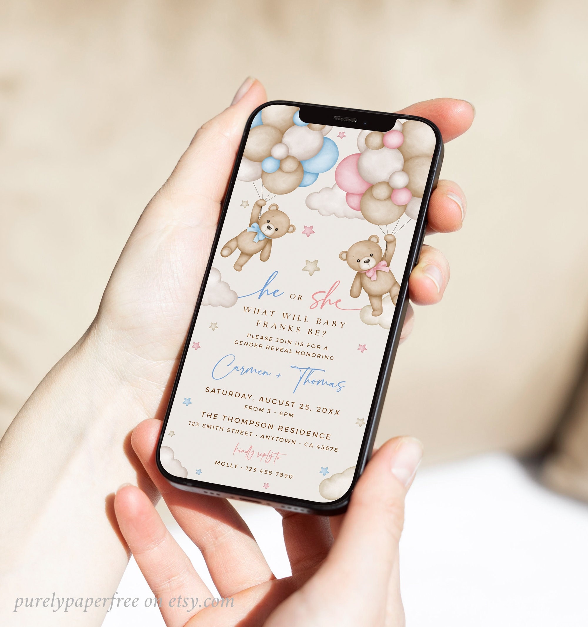 Bear Gender Reveal Evite Teddy Bear Digital Invitation Gender Reveal, Electronic Gender Reveal for Phone, He or She Editable Template 13A