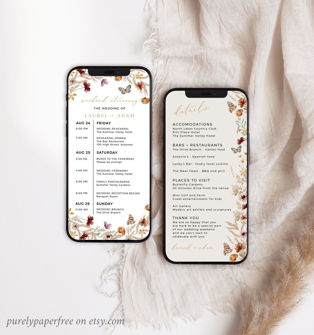 Wildflower Weekend Schedule Template Phone, Digital Wedding Weekend Event Agenda, Timeline Text