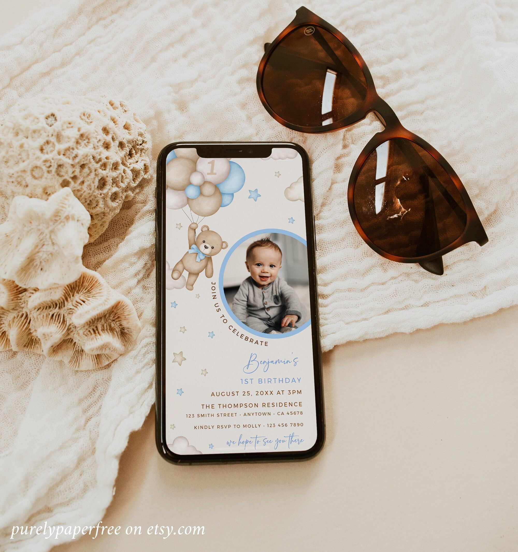 Boy First Birthday Evite with Photo, Bear 1st Birthday Electronic Invite, Digital Invitation Boy 1st Birthday, Editable Evite Template 13A