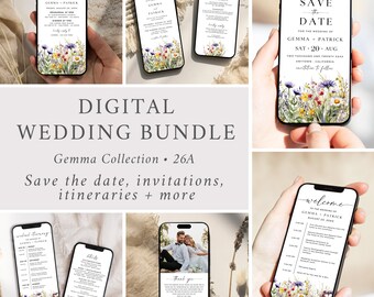 Puede incluir: Paquete digital de invitaciones de boda con un tema floral. El paquete incluye tarjetas de guardar la fecha, invitaciones, itinerarios y más. Las invitaciones presentan un diseño floral de acuarela sobre un fondo blanco. El texto de las invitaciones está en negro.