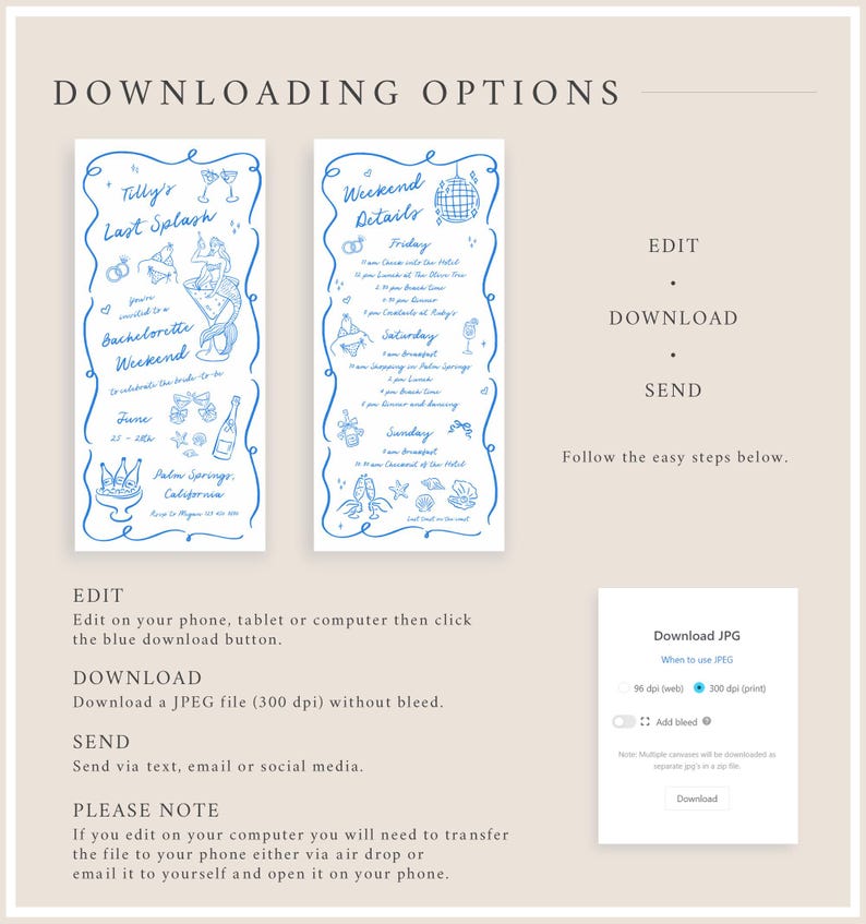 May include: A printable invitation for a bachelorette party with a blue and white color scheme. The invitation features a mermaid, a martini glass, and the text "Tully's Last Splash Bachelorette Weekend".