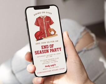 End of Season Party Invitation Baseball, Digital Baseball Party Invite for Phone Electronic Sports Party Evite by Text Editable Template 29B