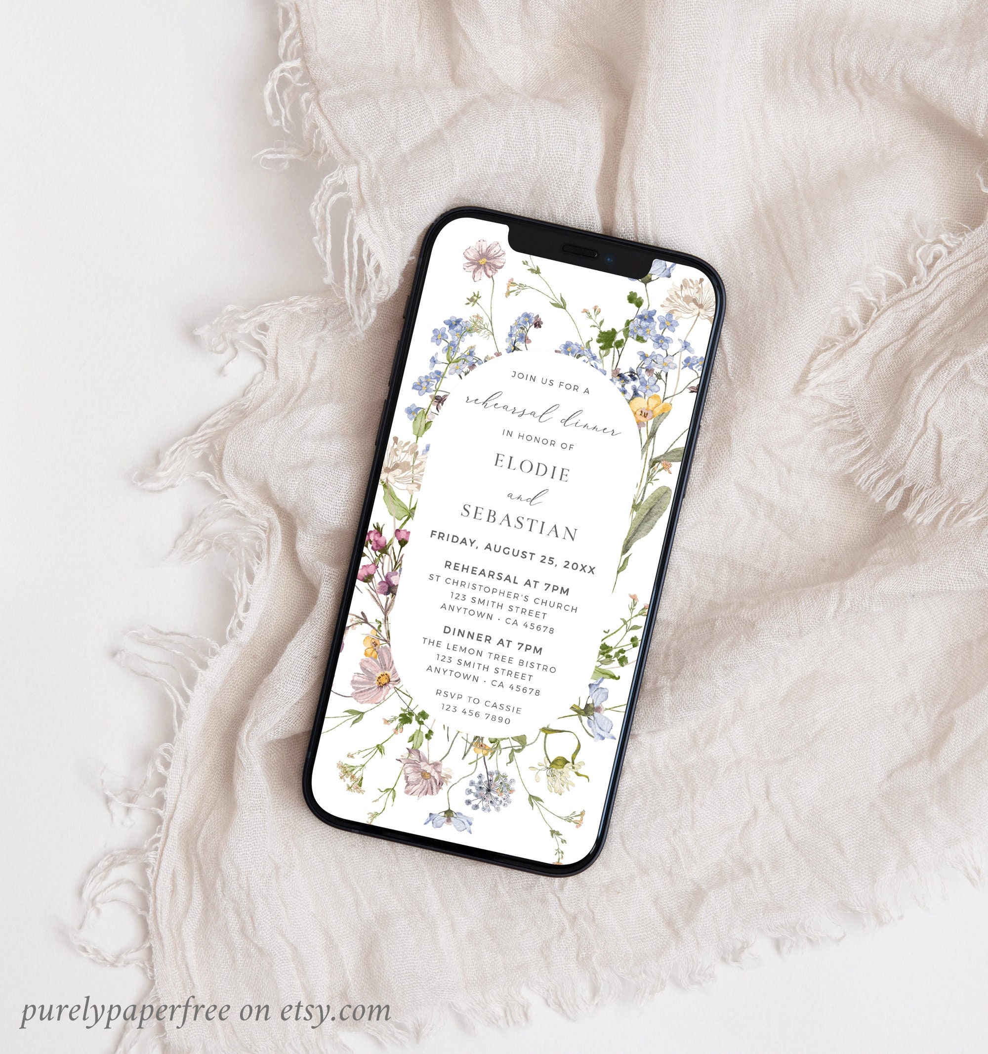 Digital Rehearsal Dinner Invitation Wildflower, Electronic Rehearsal Invitation Wildflower Rehearsal Evite Phone Editable Evite Template 07A