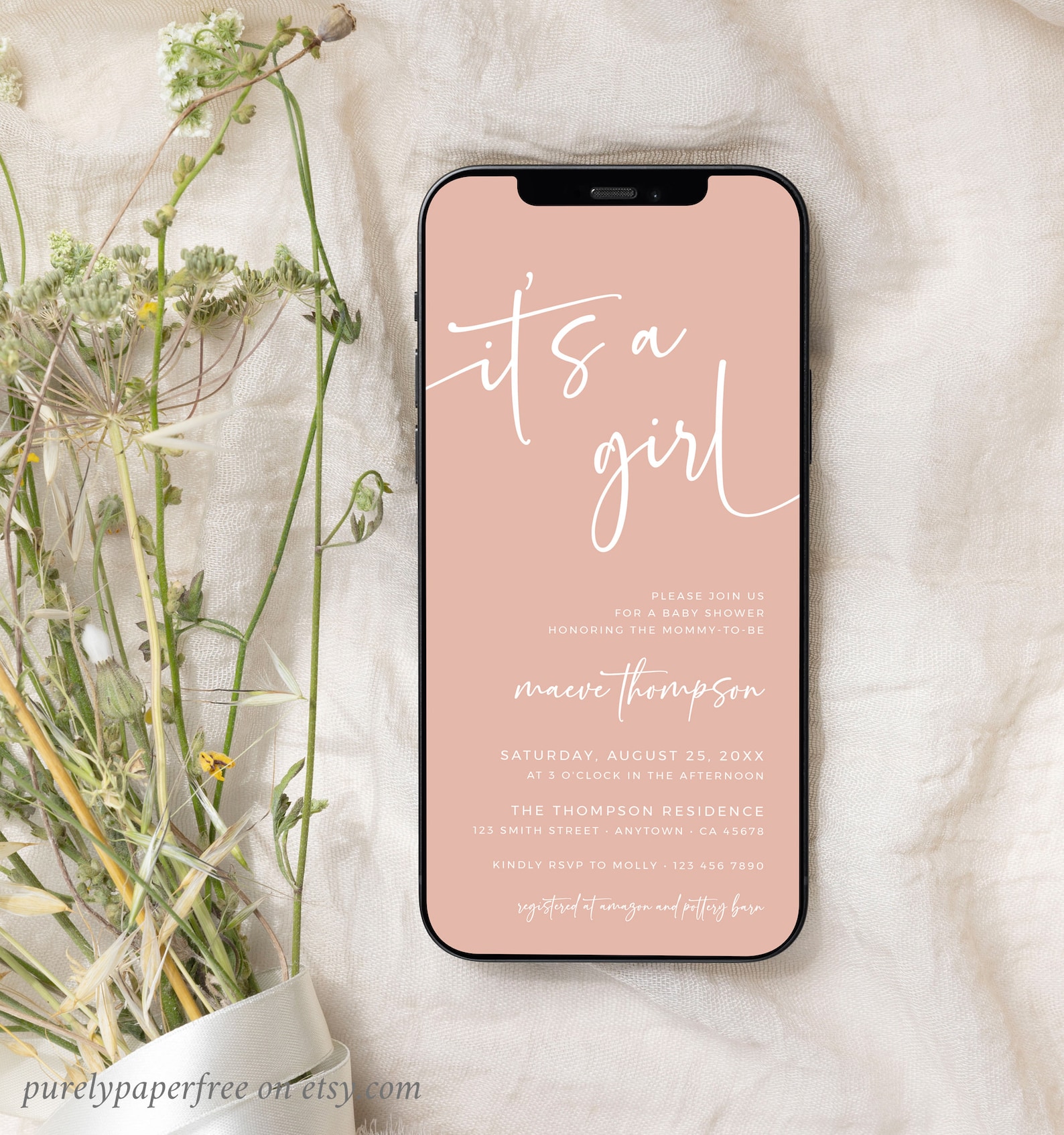 Electronic Baby Shower Invitation Girl, Baby Shower Invite Digital