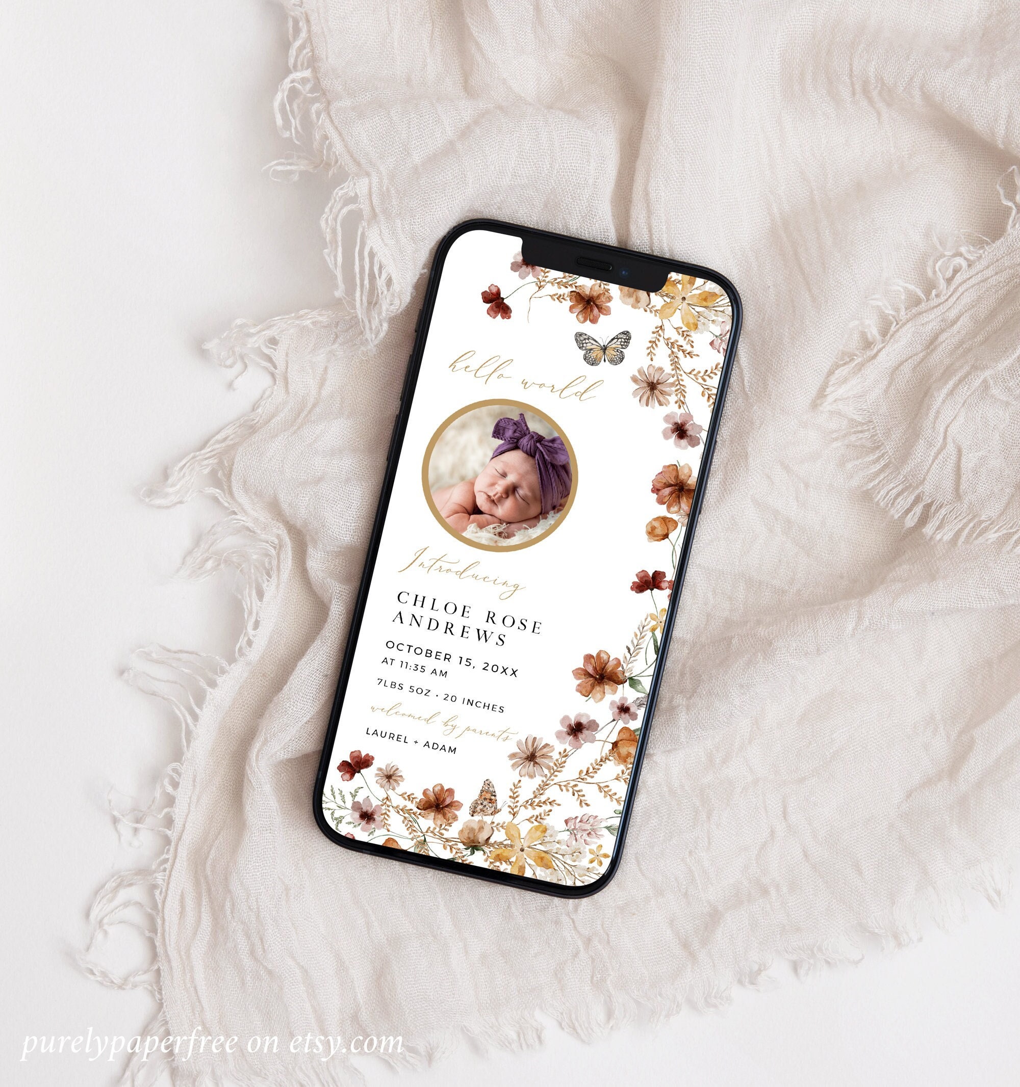Electronic Birth Announcement Girl, Wildflower Digital Newborn Announcement with Photo, Fall Newborn Baby Announcement Template Editable 27A