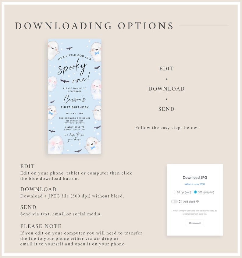 Spooky One Birthday Invite Boy, Halloween First Birthday Invitation Digital, Electronic Cute Ghost E Invite Text Editable Evite Template 33B image 4