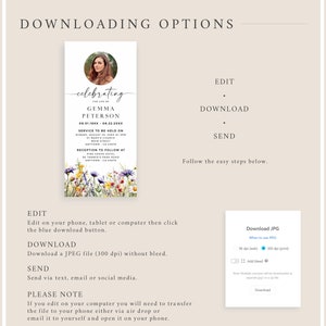 May include: A digital download template for a funeral announcement. The template features a floral design with a photo of a woman in a circle at the top. The text reads "celebrating the life of Gemma Peterson 09.01.19XX - 08.22.20XX Service to be held on Sunday, August 25, 2018 at 3PM St. Mary's Church Main Street Anytown, CA 45678 Reception to follow at Pine Grove Hotel 54 Tanner's Park Road Anytown, CA 45678".