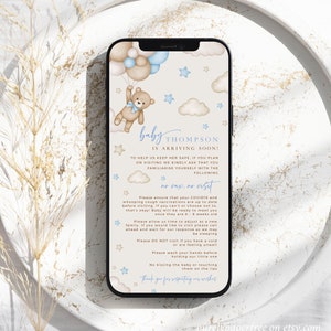 May include: A blue and white phone screen with a cartoon teddy bear holding blue and brown balloons. The text on the screen reads 'baby THOMPSON IS ARRIVING SOON!' and 'no vax, no visit'. The text also includes a list of requests for visitors, including getting vaccinated, waiting until the baby is 6-8 weeks old, and not visiting if you are sick. The text ends with 'Thank you for respecting our wishes.'