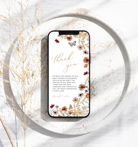 Electronic Baby Shower Thank You Card Wildflower, Digital Thank You Note Girl, Thank You for Phone, Editable Thank You Ecard Template, 27A