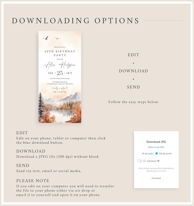 Puede incluir: Una invitaci&oacute;n digital descargable para una fiesta de cumplea&ntilde;os n&uacute;mero 60. La invitaci&oacute;n presenta una ilustraci&oacute;n de acuarela de un lago y monta&ntilde;as con follaje oto&ntilde;al. El texto de la invitaci&oacute;n dice: "60&ordm; Cumplea&ntilde;os celebrando a Alex Hodgson S&aacute;b. 25 Oct. The Hodgson Residence 123 South Street, Anywhere, 555445787 amablemente responde a Sally 123-456-7890".