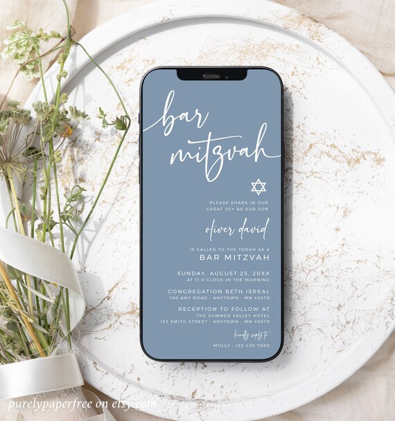 Digital Bar Mitzvah Invitation, Dusty Blue Bar Mitzvah Invite Electronic, Modern Bar Mitzvah Evite Boy, Minimal Editable Evite Template, 02B