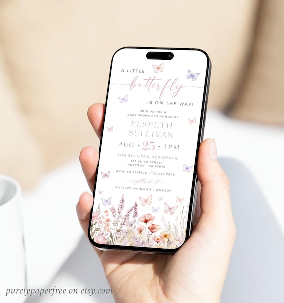 Butterfly Baby Shower Invitation Girl Wildflower Butterfly Shower Invite Template, Digital Floral Evite for a Phone Blush Lilac Editable 53A