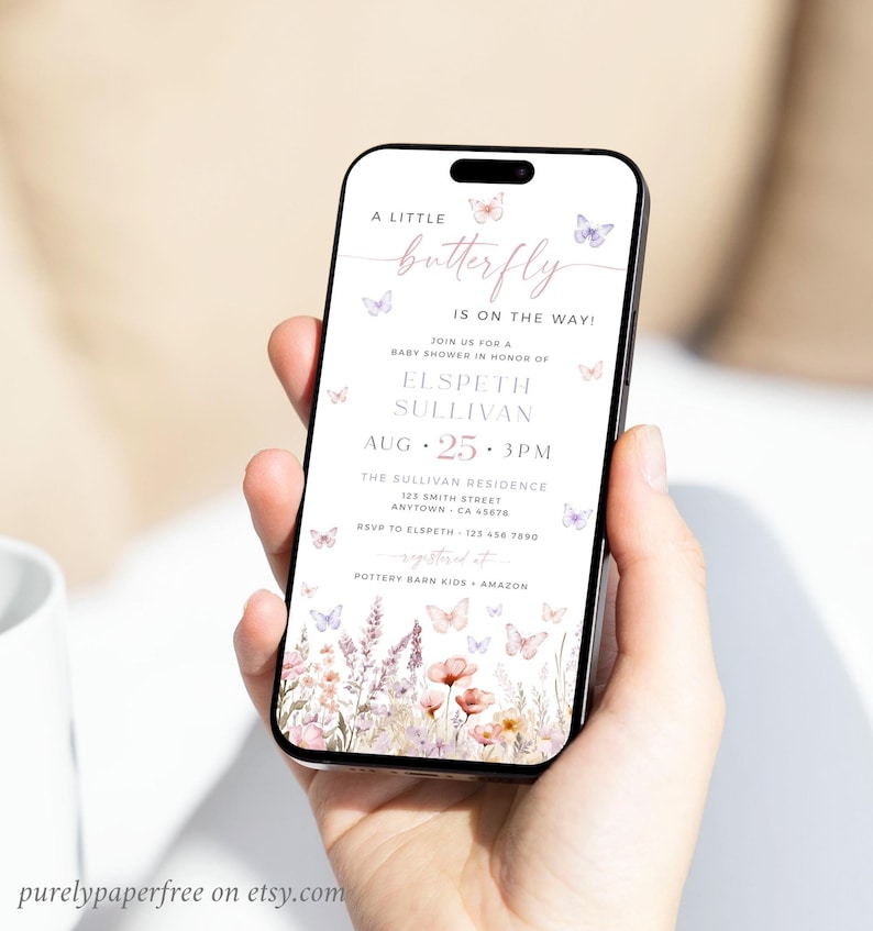 Butterfly baby shower invitation for a phone