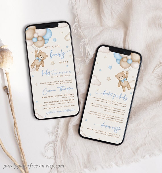 Bear Baby Shower Invitation Set Boy We Can Bearly Wait Shower Invite Phone, Digital Evite Template, Book Insert Diaper Raffle, Editable 13A