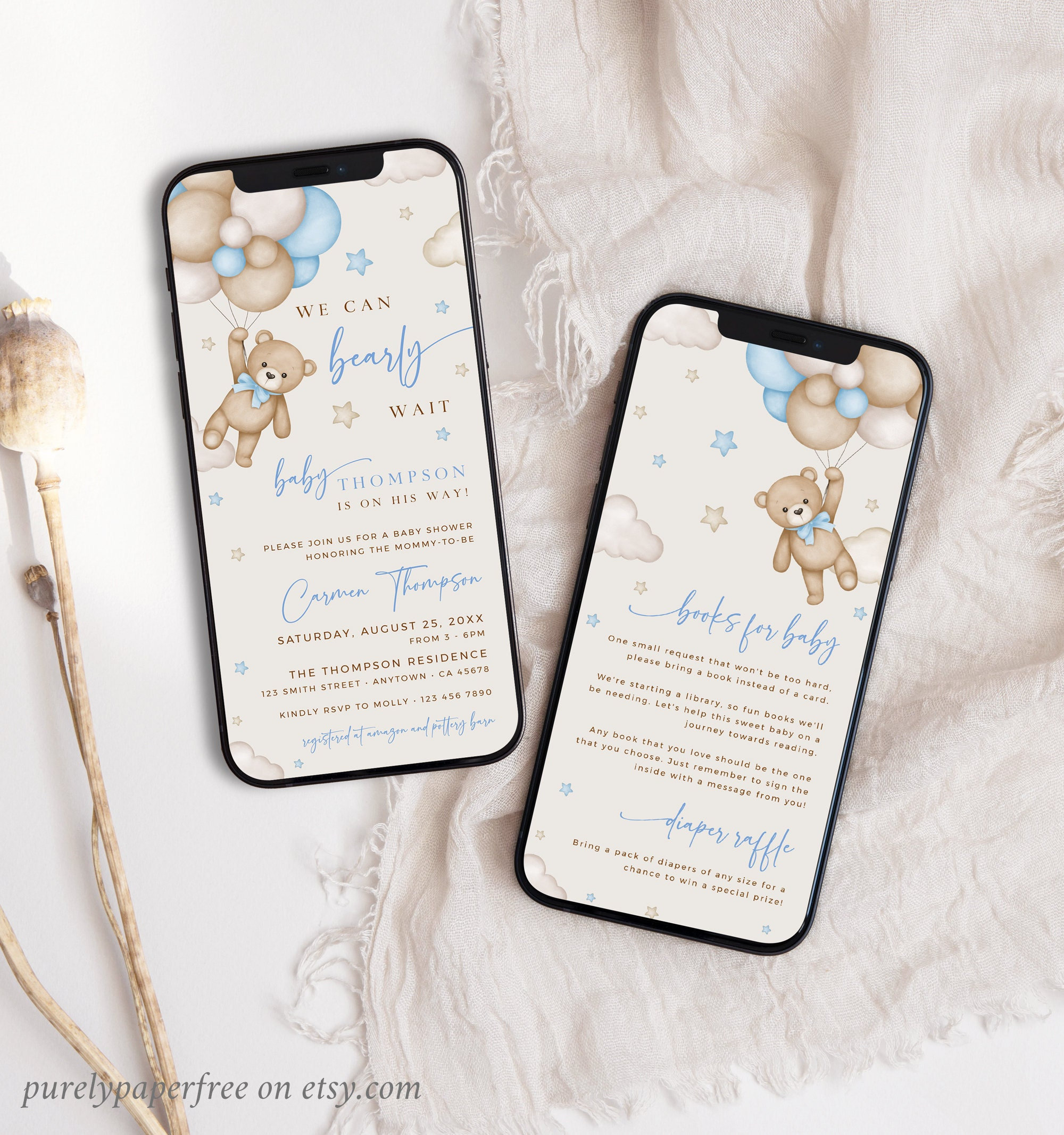 Bear Baby Shower Invitation Set Boy We Can Bearly Wait Shower Invite Phone, Digital Evite Template, Book Insert Diaper Raffle, Editable 13A