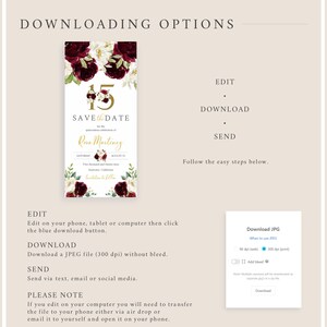May include: A digital download for a save the date card with a floral design in shades of burgundy and white. The text reads "Save the Date" for the quincea&ntilde;era celebration of Rosa Martinez. The date is Saturday, August 15, 2020. The location is Anytown, California. The card includes a download button for a JPEG file.