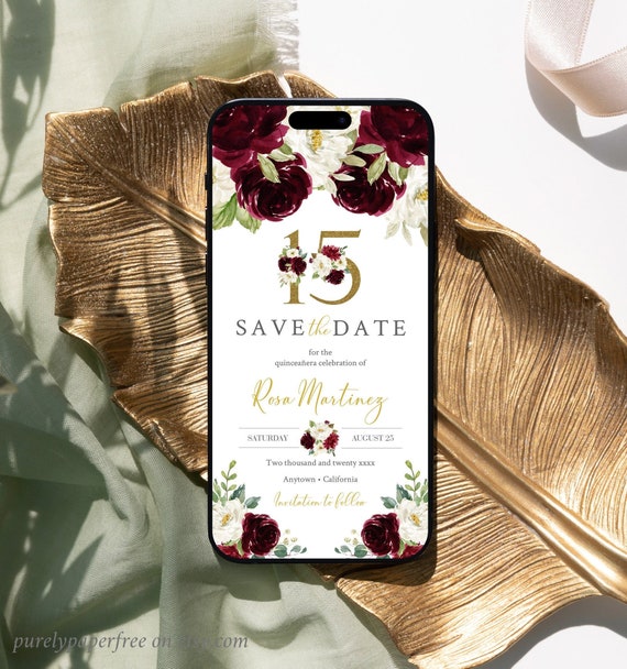 Burgundy Quinceañera Save the Date for a Phone, Digital Mis Quince Save the Date Text, Marroon Gold Mis XV 15 Birthday Editable Template 42A