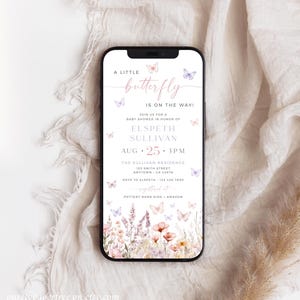 May include: A digital invitation for a baby shower with a watercolor butterfly design. The invitation reads "A little butterfly is on the way!" and includes the name "Elspet Sullivan" and the date "Aug 25, 3PM".