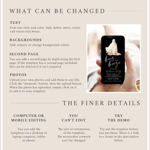 May include: A smartphone displays a Halloween party invitation with a ghost illustration and the words "boos and booze." The phone is held in a person's hand. The image also includes text about editing options and template details.