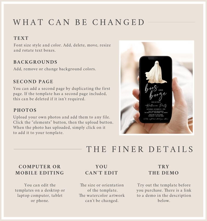 May include: A smartphone displays a Halloween party invitation with a ghost illustration and the words "boos and booze." The phone is held in a person's hand. The image also includes text about editing options and template details.