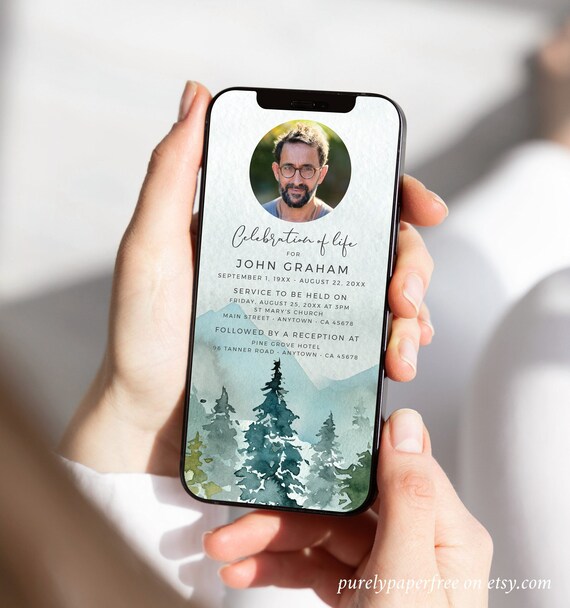 Woodland Funeral Invitation Electronic, Digital Memorial Invite Man, Celebration of Life, Funeral Announcement Text, Editable Template, 11A