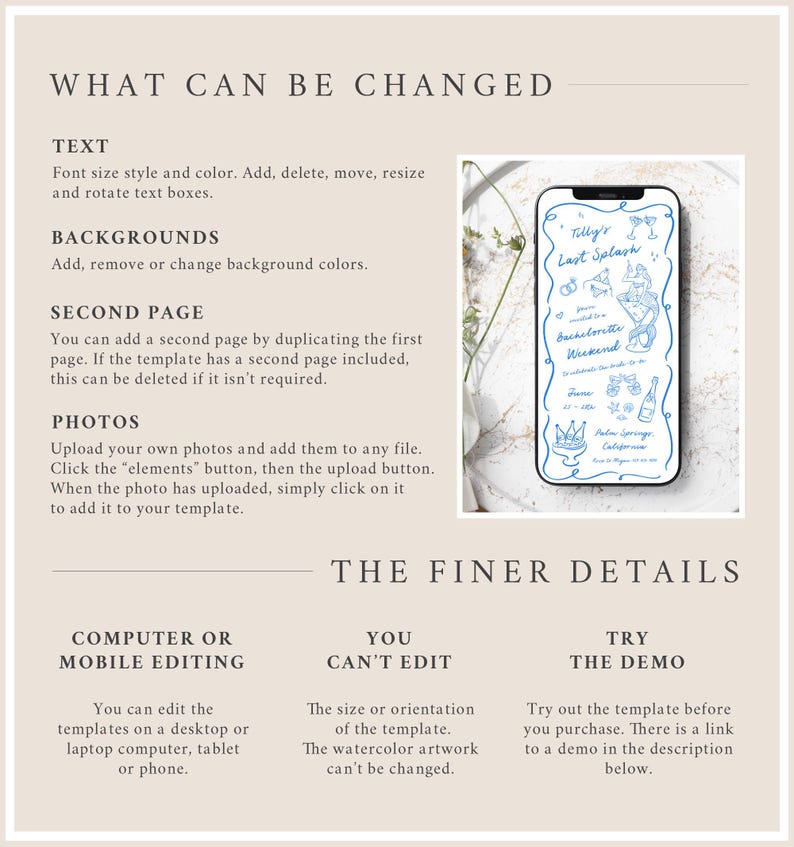 May include: A digital template for a bachelorette party invitation. The template features a blue and white illustration of a cocktail glass with a crown and the text "Tilly's Last Splash Bachelorette Weekend". The template is customizable with photos, text, and colors.