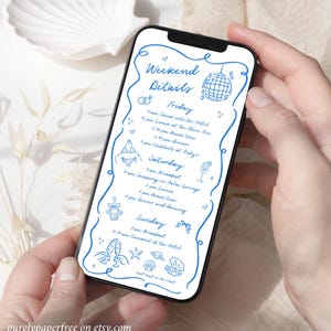 May include: A blue and white illustrated phone screen showing a weekend itinerary with details for Friday, Saturday, and Sunday. The itinerary includes activities like checking into a hotel, lunch at The Olive Tree, beach time, shopping in Palm Springs, and dinner and dancing.