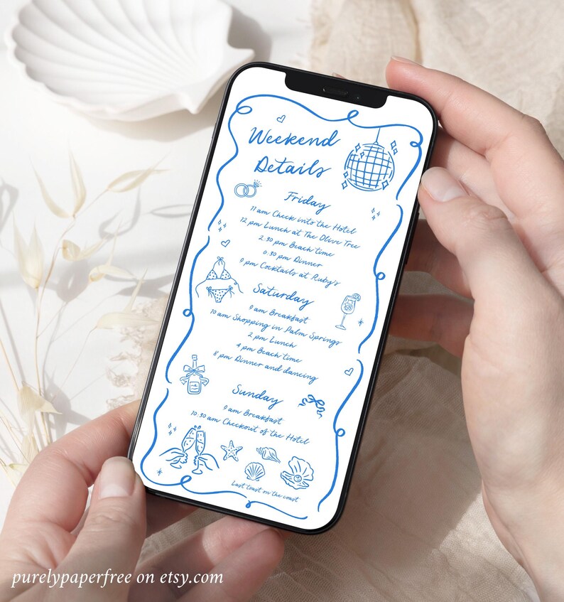 May include: A blue and white illustrated phone screen showing a weekend itinerary with details for Friday, Saturday, and Sunday. The itinerary includes activities like checking into a hotel, lunch at The Olive Tree, beach time, shopping in Palm Springs, and dinner and dancing.