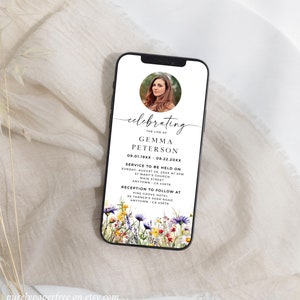 May include: A digital memorial card with a floral border and a photo of a woman. The text reads "celebrating the life of Gemma Peterson 09.01.19XX - 08.22.20XX". The card includes details for a service and reception.
