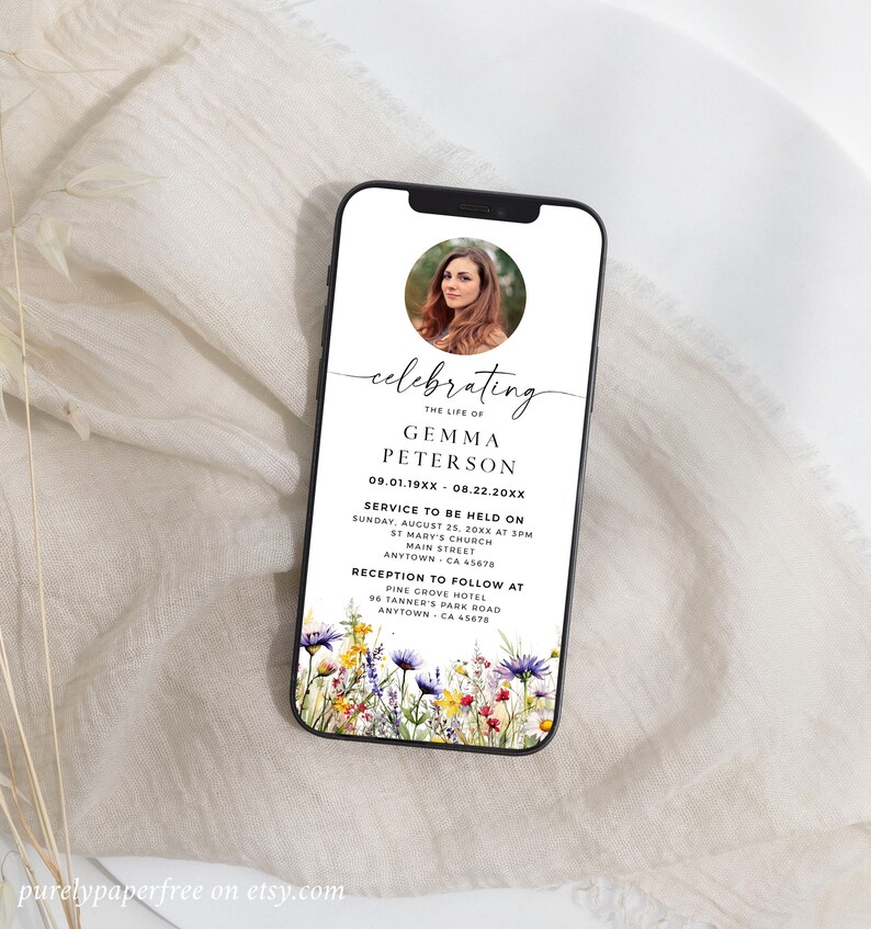 May include: A digital memorial card with a floral border and a photo of a woman. The text reads "celebrating the life of Gemma Peterson 09.01.19XX - 08.22.20XX". The card includes details for a service and reception.