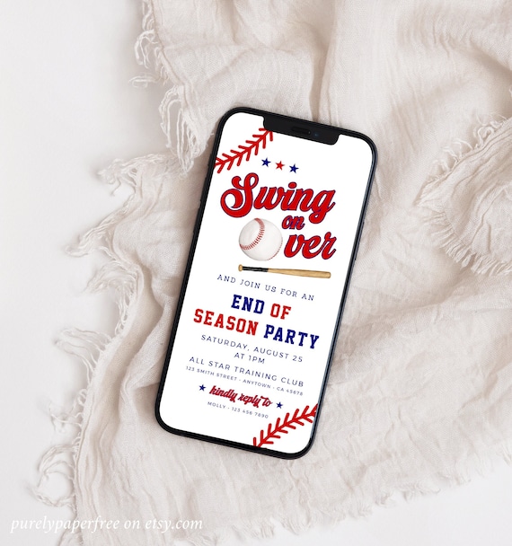 End of Season Party Baseball Invite for Phone, Electronic Baseball Party Invitation Digital Baseball Club Evite Text Editable Template, 29C