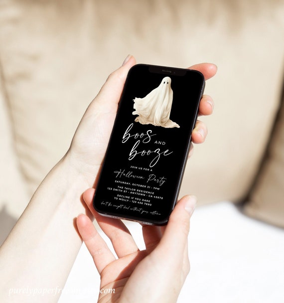 Boos and Booze Halloween Invitation Template Digital Adult Halloween Invite for Phone, Electronic Ghost Costume Party Evite, Editable, 34B