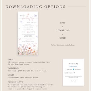 May include: A printable baby shower invitation with a watercolor butterfly design. The invitation features a pink and purple butterfly with the text "A Little Butterfly is on the Way!" and the details of the baby shower. The invitation is available for download as a JPEG file.
