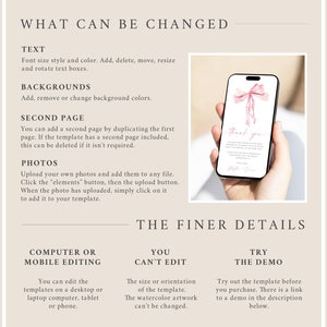 Puede incluir: Una maqueta de tel&eacute;fono m&oacute;vil rosa y blanco con un lazo de acuarela y el texto "Gracias". El tel&eacute;fono est&aacute; siendo sostenido por una mano. El texto "What can be changed" est&aacute; en la parte superior de la imagen. El texto "The finer details" est&aacute; en el medio de la imagen. El texto "Computer or mobile editing" est&aacute; en el lado izquierdo de la imagen. El texto "You can't edit" est&aacute; en el medio de la imagen. El texto "Try the demo" est&aacute; en el lado derecho de la imagen.