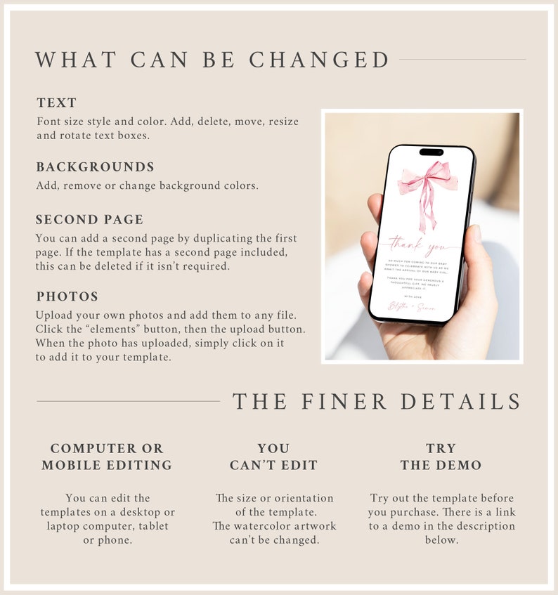 Puede incluir: Una maqueta de tel&eacute;fono m&oacute;vil rosa y blanco con un lazo de acuarela y el texto "Gracias". El tel&eacute;fono est&aacute; siendo sostenido por una mano. El texto "What can be changed" est&aacute; en la parte superior de la imagen. El texto "The finer details" est&aacute; en el medio de la imagen. El texto "Computer or mobile editing" est&aacute; en el lado izquierdo de la imagen. El texto "You can't edit" est&aacute; en el medio de la imagen. El texto "Try the demo" est&aacute; en el lado derecho de la imagen.
