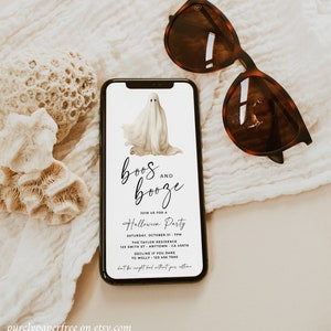 Boos and Booze Halloween party invite for an adult's costume party. It features a spooky ghost on a white background and a modern font. Easy to edit and send out via text.