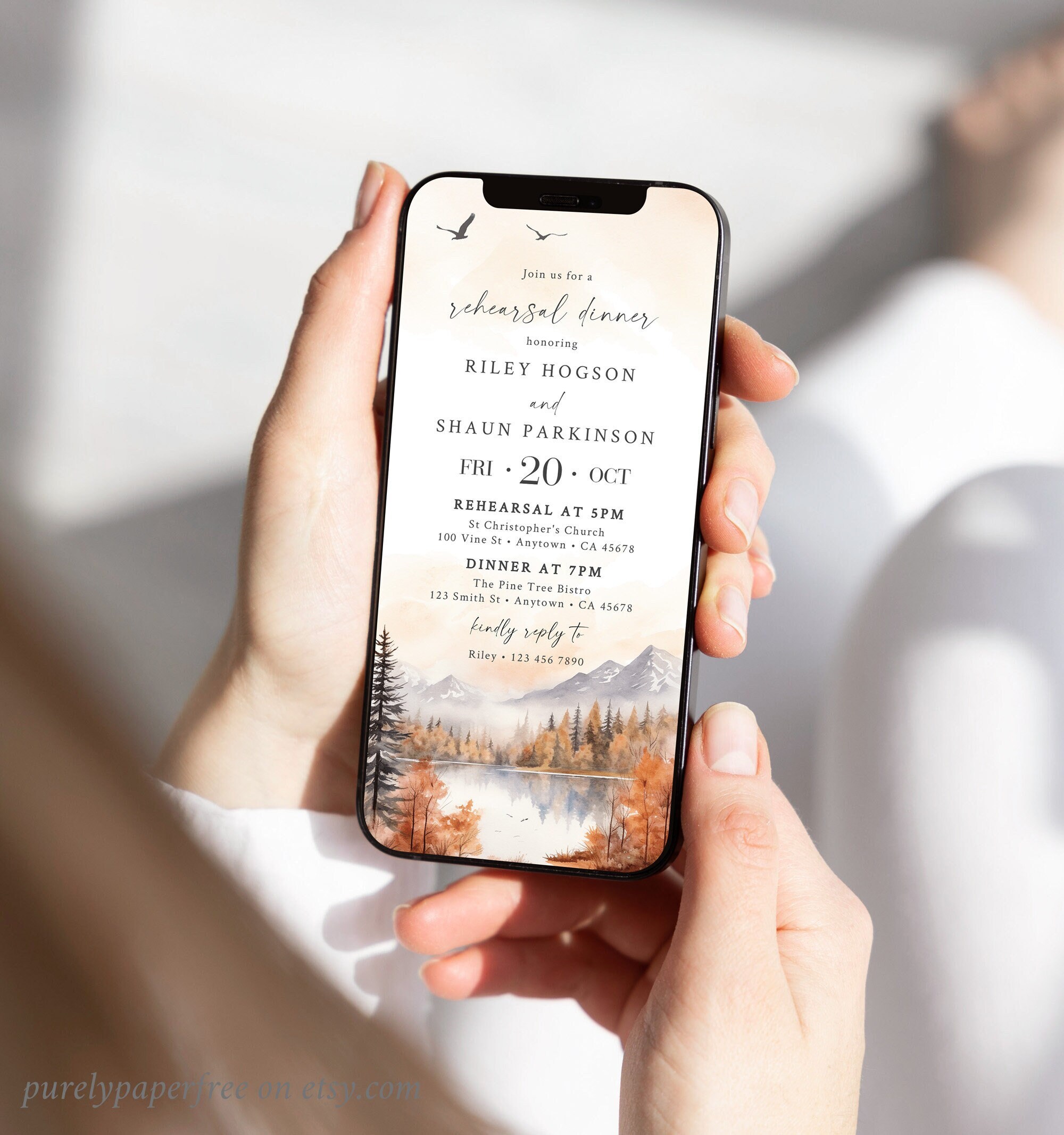 Woodland Rehearsal Dinner Invitation for Phone, Digital Fall
