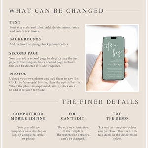 May include: A digital mockup of a baby shower invitation on a smartphone. The invitation is green with white text that reads "It's a boy" and includes the name "Harper Thompson". The text below the invitation explains that the template can be edited on a computer or mobile device.