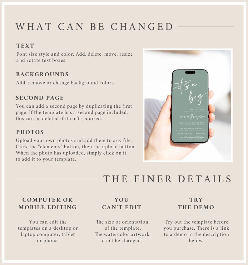 May include: A digital mockup of a baby shower invitation on a smartphone. The invitation is green with white text that reads "It's a boy" and includes the name "Harper Thompson". The text below the invitation explains that the template can be edited on a computer or mobile device.
