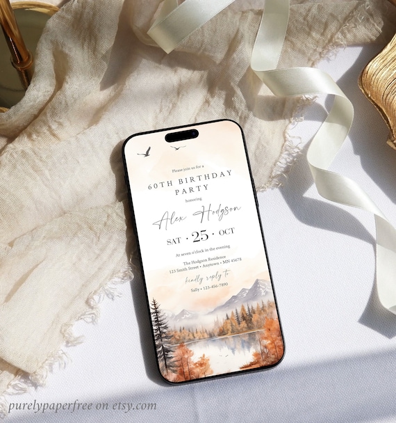 Woodland Birthday Invitation for Man, Digital Fall Birthday Invite Phone, Mountains Evite Template, Rustic Invite Text Outdoors Editable 46A
