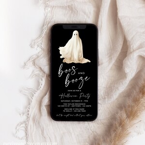 Halloween cocktail party invitation for a cell phone. It features a spooky ghost, a black background and a modern font.