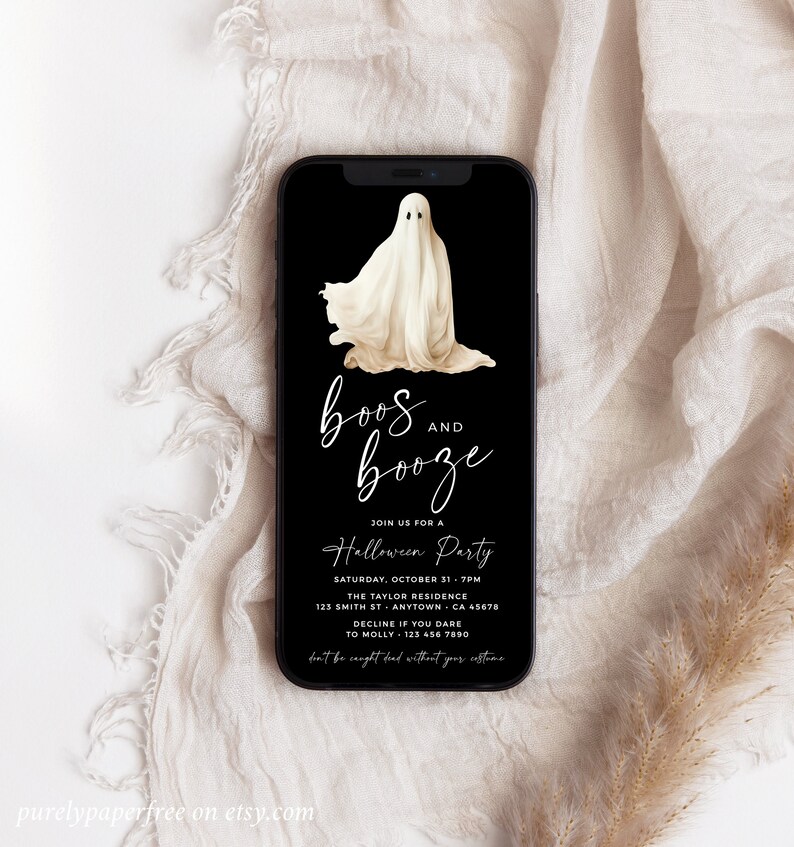 Halloween cocktail party invitation for a cell phone. It features a spooky ghost, a black background and a modern font.