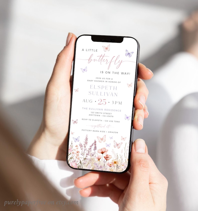 May include: A baby shower invitation with a watercolor butterfly design. The invitation is for a baby shower for Elspet Sullivan on August 25th at 3pm. The invitation includes the address and RSVP information. The invitation is on a white background with a floral border.