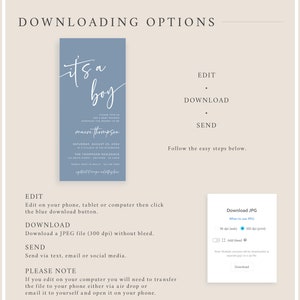 May include: A blue baby shower invitation with white calligraphy that reads "it's a boy" and the name "maeve thompson". The invitation includes the date, time, and location of the shower. The text "PLEASE JOIN US FOR A BABY SHOWER HONORING THE MOMMY-TO-BE" is also included. The invitation is surrounded by a white border.