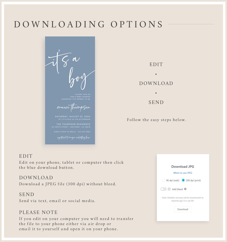 May include: A blue baby shower invitation with white calligraphy that reads "it's a boy" and the name "maeve thompson". The invitation includes the date, time, and location of the shower. The text "PLEASE JOIN US FOR A BABY SHOWER HONORING THE MOMMY-TO-BE" is also included. The invitation is surrounded by a white border.