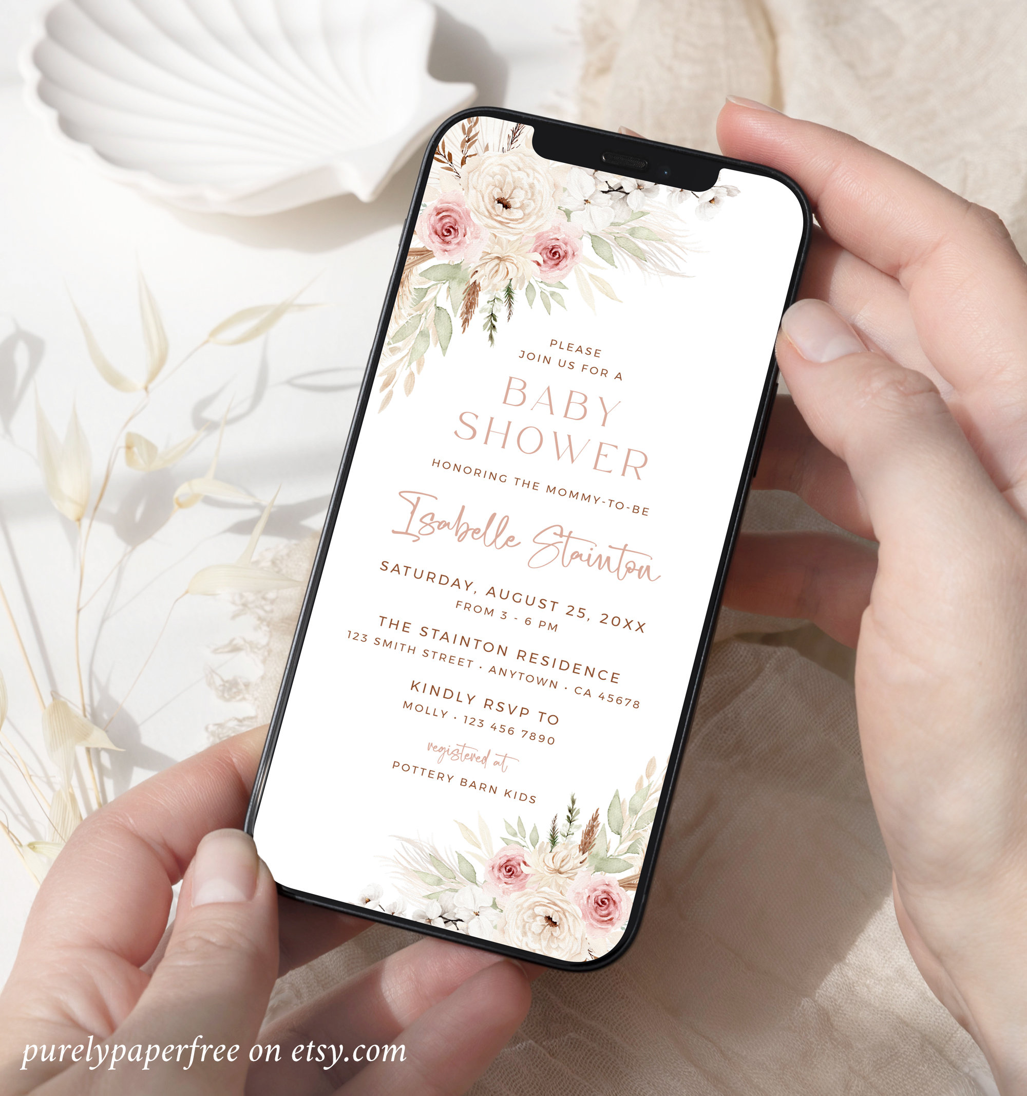 Electronic Baby Shower Invitation, Dusty Rose Boho Baby Shower Evite