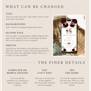 May include: A digital template for a save the date card with a burgundy and gold floral design. The text on the card reads "Save the Date" and includes the names "Rosa Martinez" and the date "June 22, 2024".