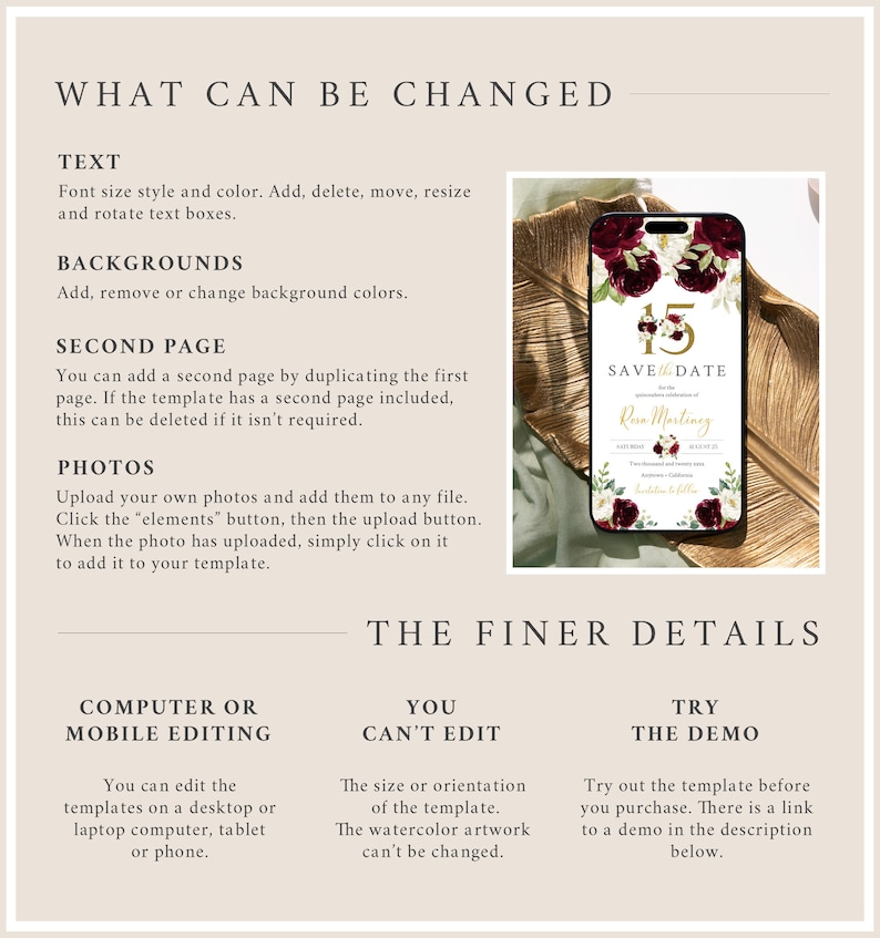 May include: A digital template for a save the date card with a burgundy and gold floral design. The text on the card reads "Save the Date" and includes the names "Rosa Martinez" and the date "June 22, 2024".